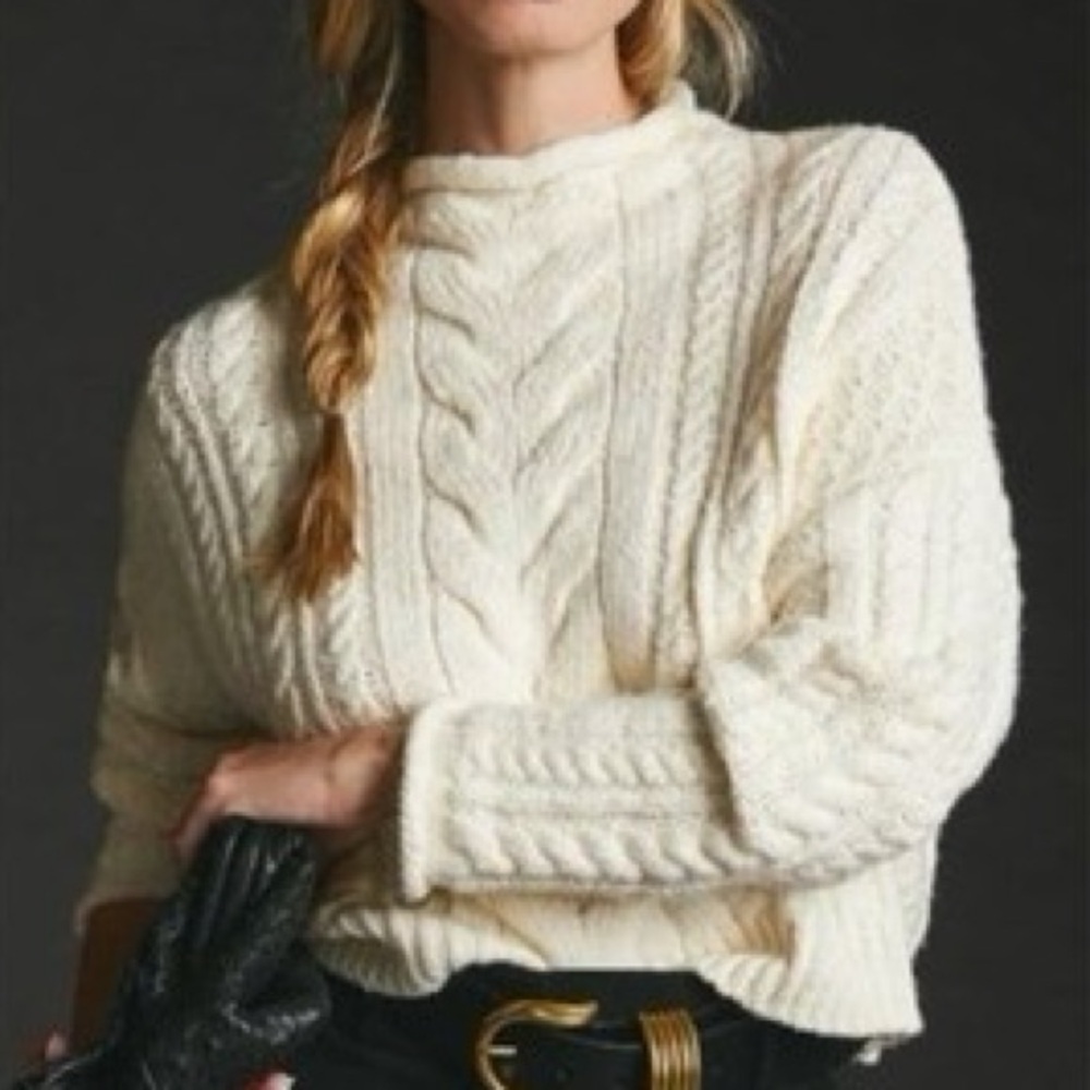 Anthropologie Pilcro Rolled Mock Neck Cable Knit Sweater Pullover in Ivory White